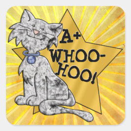 A+ Whoo-Hoo! Grijze Kat, Gouden Ster, Vierkante Be Vierkante Sticker