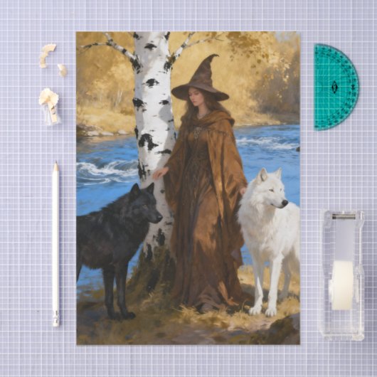 A Witch With Her Wolf Friends decoupage Tissuepapier (Craft)