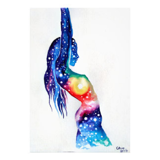 A woman and the universe inside her soul   foto afdruk