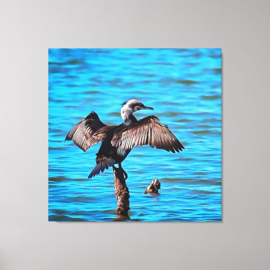 aalscholver met uitspreide vleugels op blauw-water canvas afdruk (Voorkant)