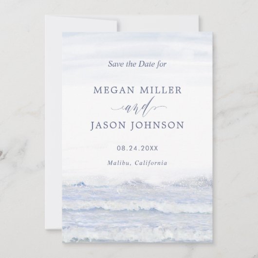 Aan de Oceaan, Blauwe Witte Bestemming Trouwlocati Kaart (Voorkant)