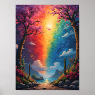 Aan het einde van het pad is een regenboogwereld poster