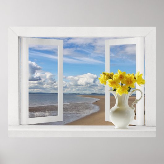 Aan het strand -- Gezicht op open raam met narciss Poster (Voorkant)