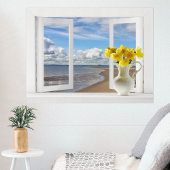 Aan het strand -- Gezicht op open raam met narciss Poster
