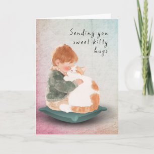 Aan jou denkend met knuffels jongen en kat kaart