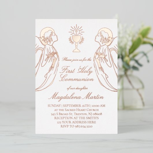 Aanbiddende engelen Eerste Heilige Communie Folie Uitnodiging (Staand Voorkant)