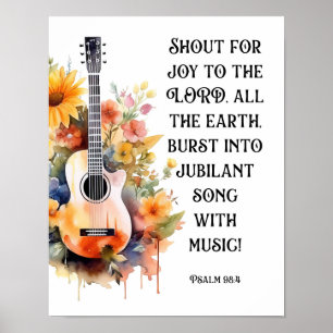 Aanbidding Waterverf Bloemengitaar Psalm 98:4 Post Poster