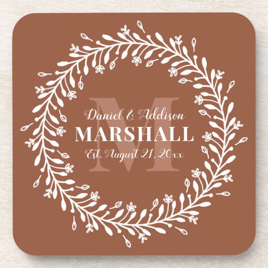 Aandenken Pasgetrouwd Koppel Oranje Krans Monogram Bier Onderzetter (Voorkant)