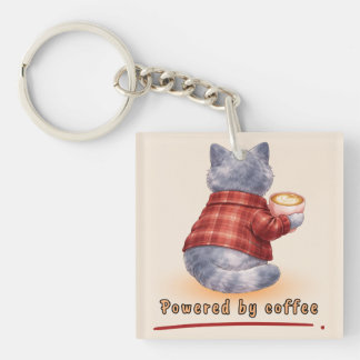 "Aangedreven door koffie" kat die een kopje koffie Sleutelhanger