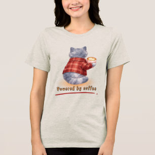 "Aangedreven door koffie" kat die een kopje koffie Tri-Blend Shirt