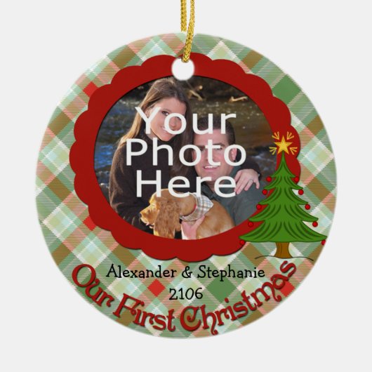 Aangenaam Plaid Onze Eerste Kerstmis Ornament (Voorkant)