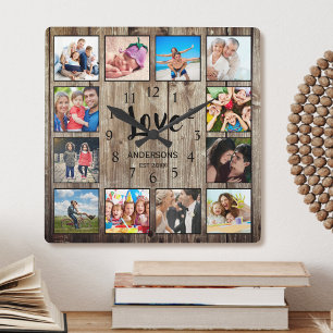 Aangepast 12 Foto Collage Family Love Reclam Wood Vierkante Klok