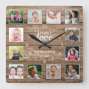 Aangepast 12 Foto Collage Family Love Rustic Wood Vierkante Klok