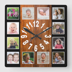 Aangepast 12 Foto Collage Rustic Brown Wood Black Vierkante Klok