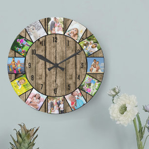 Aangepast 12 Foto collage Rustic Natural Wood Roun Grote Klok
