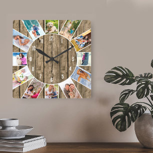 Aangepast 12 Foto collage Rustic Natural Wood Vierkante Klok