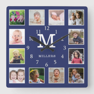 Aangepast 12 Monogram blauw fotocollage familienaa Vierkante Klok