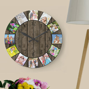 Aangepast 12 Photo Collage Rustic Dark Wood Round Grote Klok