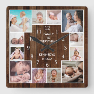 Aangepast 12-reeks fotocollage Rustic Brown Wood Vierkante Klok