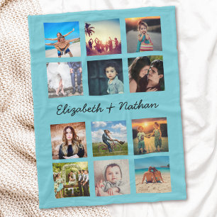 Aangepast 12 Vriendenfamilie Foto Collage Aqua Blu Fleece Deken