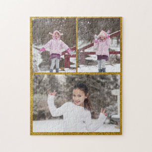 Aangepast / 3 Foto Collage Gold Glitter Metallic Legpuzzel