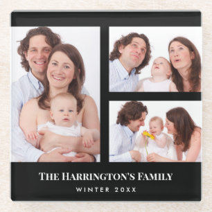 Aangepast 3 secties Familie Foto Collage Black Lij Glazen Onderzetter