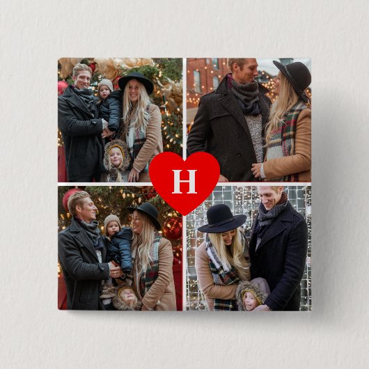 Aangepast 4 Foto Collage Red Heart Monogram Button (Voorkant)