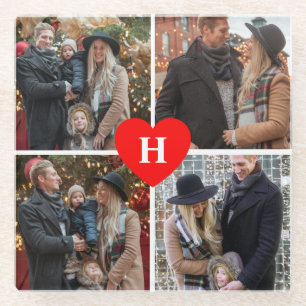 Aangepast 4 foto-collage rood hart monogrammen glazen onderzetter