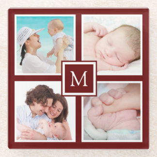 Aangepast 4 Fotocollage Monogram Bourgogne Glazen Onderzetter