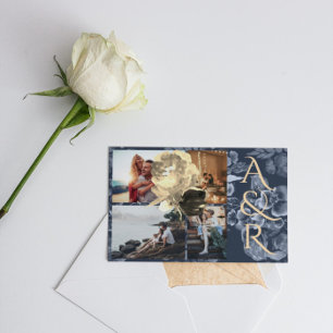 Aangepast 4 Foto's Navy Blue Golden Floral Wedding Kaart