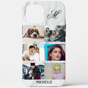 Aangepast 6 Fotocollage Monogram Naam Witte Marmer iPhone 12 Pro Max Hoesje