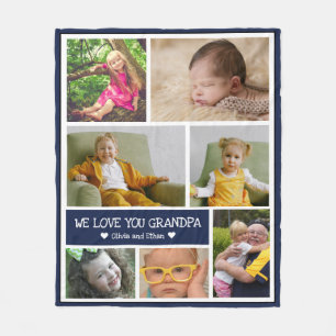 Aangepast 7 Fotocollage We houden van je opa Blue Fleece Deken