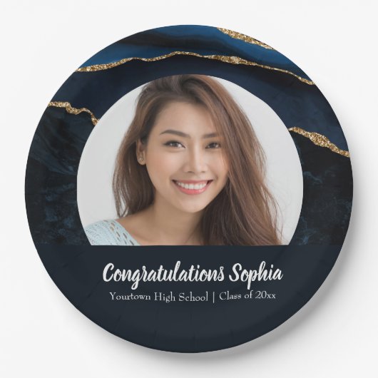 Aangepast Afstuderen Fotomarmer Agate Blue Papieren Bordje (Voorkant)