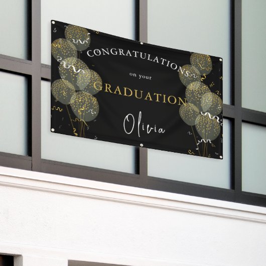 Aangepast Afstuderen voor zwarte & goudfeesten Spandoek (Buitenkant Gebouw)