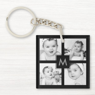 Aangepast Baby Foto Collage Initiaal Black Sleutelhanger