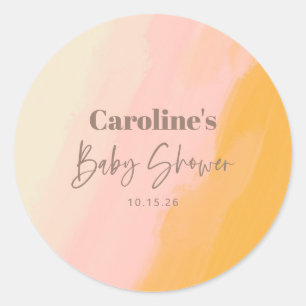 Aangepast Baby shower voor Boho Pink Yellow Script Ronde Sticker