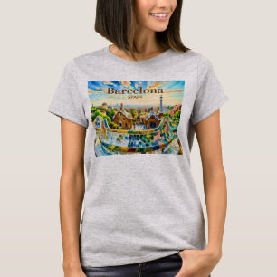 Aangepast Barcelona Spanje Aquarel Park Guell Retr T-shirt