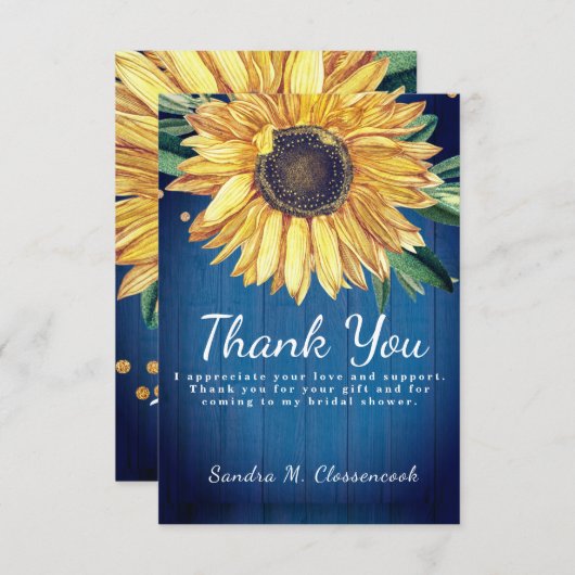 Aangepast, bijtend blauw zonnebloemhout aanpassen bedankkaart (Voorkant / Achterkant)
