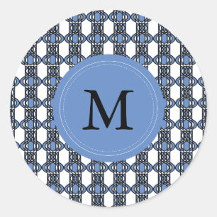 Aangepast blauw Abstract Scarab Patroonmonogram Ronde Sticker