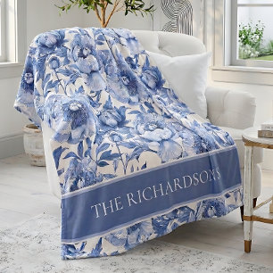Aangepast blauw en wit chinoiserie bloempatroon fleece deken