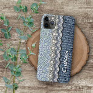Aangepast blauw Mint Green Mosaic Floral Art Patte iPhone 11 Pro Max Hoesje