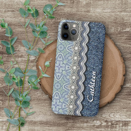Aangepast blauw mintgroen mozaïek bloemmotief iPhone 11 pro max hoesje