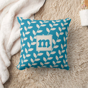 Aangepast Blauw Retro Blad Patroon Monogram Kussen