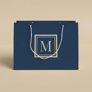 Aangepast blauw & vanille omlijst monogram groot cadeauzakje
