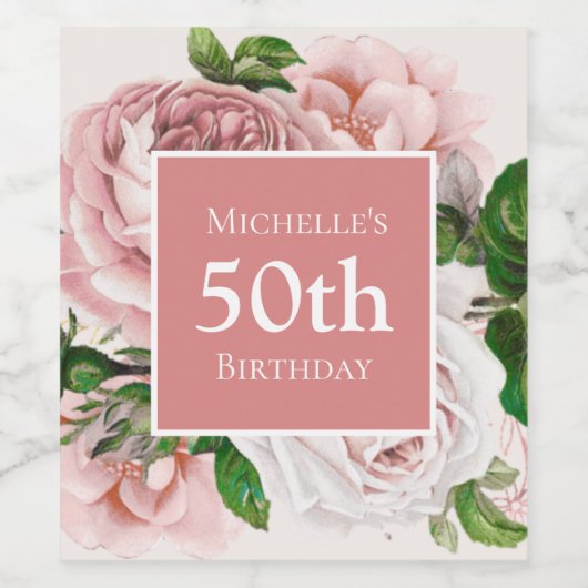Aangepast Blush Pink Floral 50th Birthday Wijn Etiket (Enkel label)