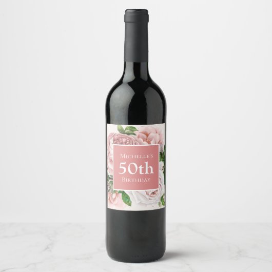 Aangepast  Blush Pink Floral 50th Birthday Wijn Etiket (Voorkant)