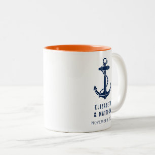 Aangepast bootanker Navy Blauwe strandbruiloft Tweekleurige Koffiemok