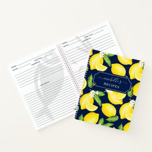Aangepast Citrus Lemon Pattern Recipe Navy Blue Notitieboek (Binnen)