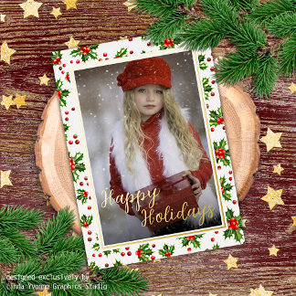 Aangepast Classic Green Holly Red Berries Gold Folie Feestdagen Briefkaart