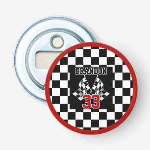Aangepast Cool Zwart En Wit Geruite Vlag Patroon Button Flesopener
